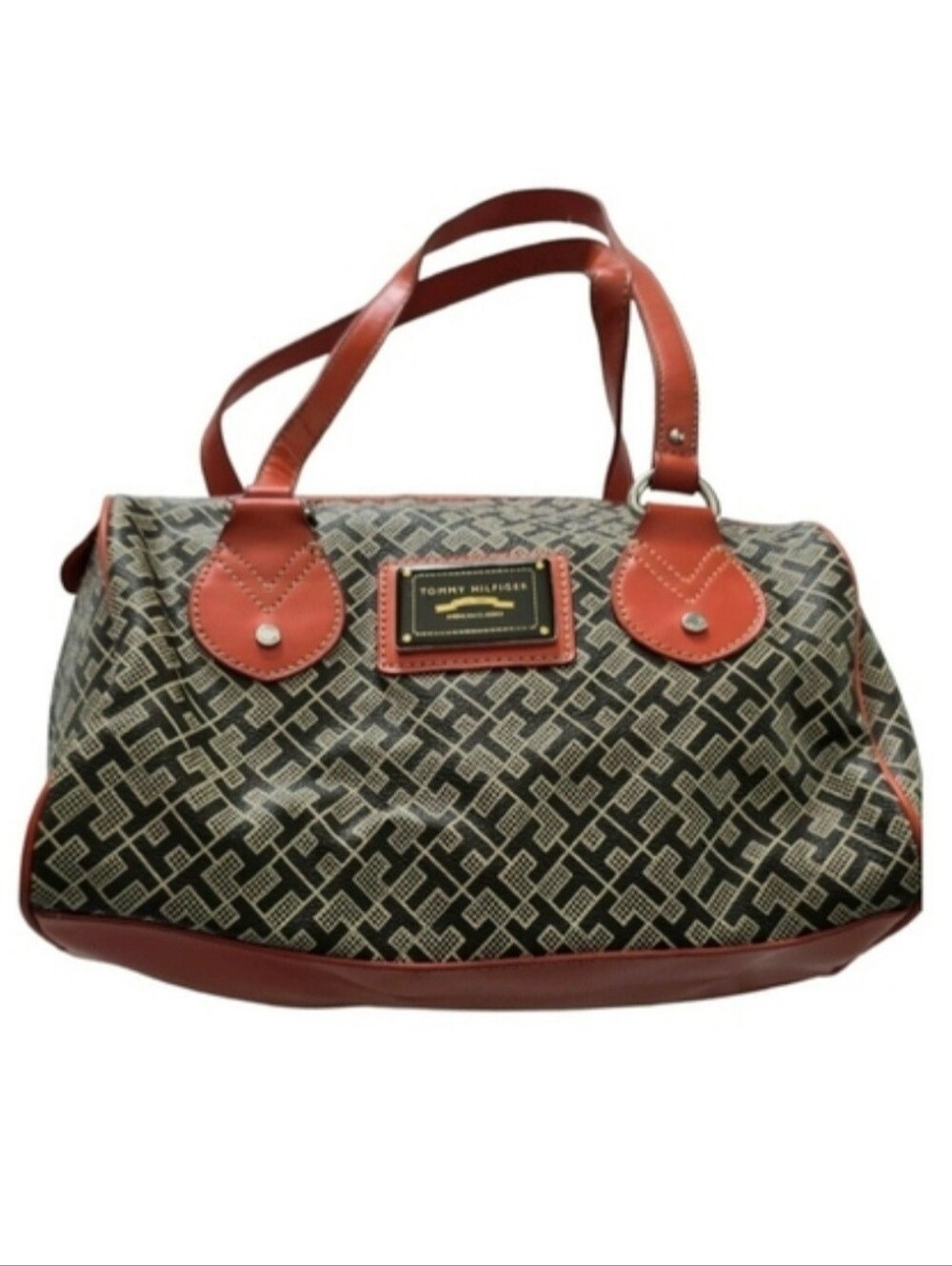 Tommy Hilfiger Jacquard Bag Monogram Handbag Faux Leather Orange Trim Purse Y2K